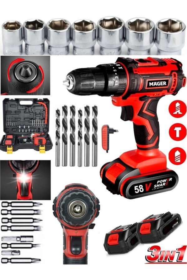 Metal Şanzıman 58 Watt 8 Ah Çift Akülü Vidalama Darbeli Şarjlı Matkap Üstün Alman Teknolojisi - Görsel 2